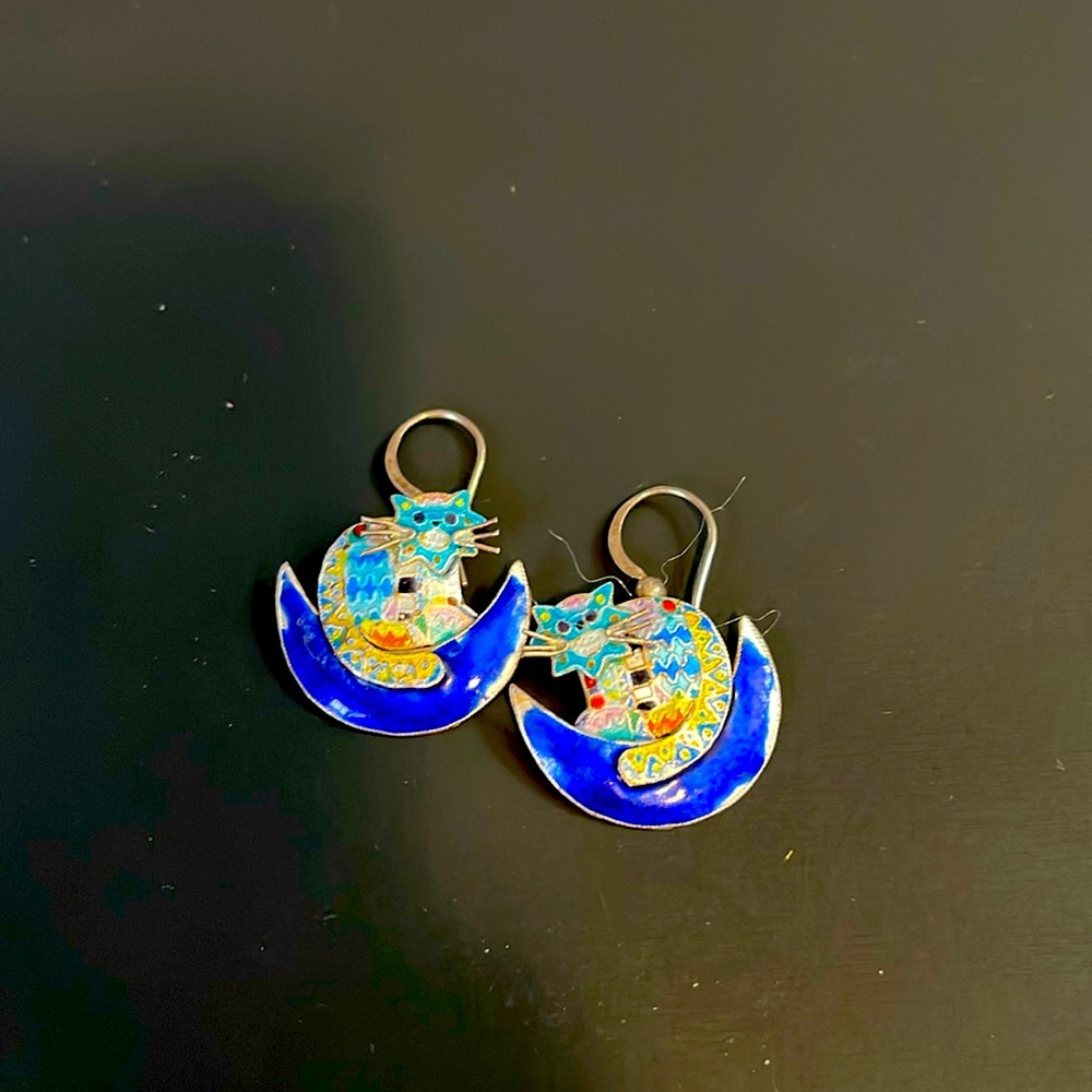 Zarah vintage enamel cat on the moon earrings